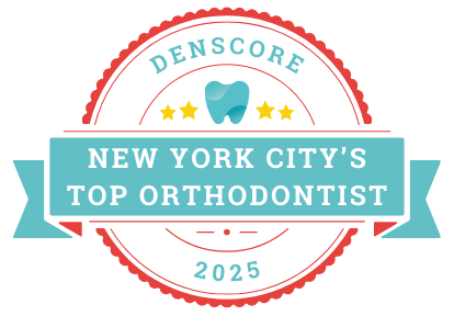 Award badge labeled "New York City's Top Orthodontist 2025" featuring a tooth icon and stars, proudly presented by Denscore. Perfect for any orthodontist in NYC aiming to stand out.