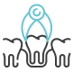 Icon of a dental plier above a tooth, flanked by two other teeth, depicted in a simplified line-art style.