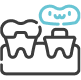 Icon depicting a dental bridge with two teeth, a dental crown, and a smiling tooth-shaped cloud above.