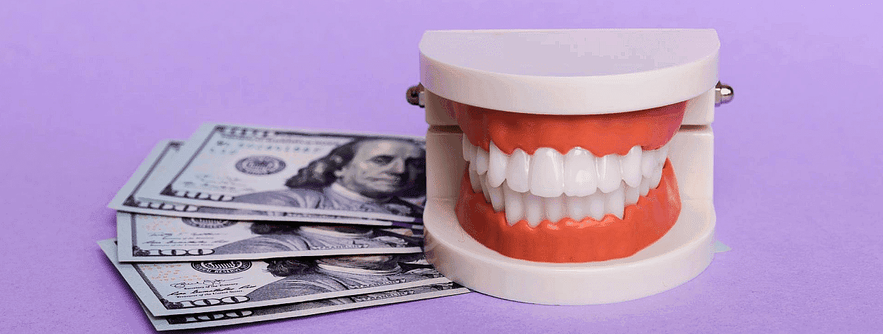 A dental model with teeth and clear braces is placed next to several one hundred dollar bills on a purple background in NYC