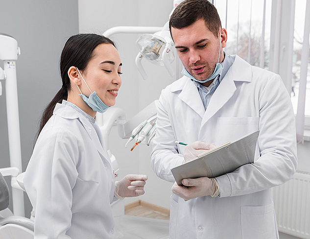 Two dental professionals in white coats discuss a chart in a dental office, focusing on adult orthodontics. The room is equipped with state-of-the-art tools, reflecting their commitment to providing advanced care in NYC
