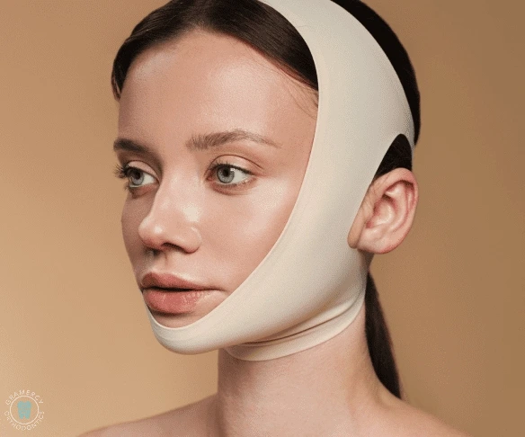 A person wearing a beige facial support strap, often used post-jaw surgery, covers the chin and sides of the face against a plain background in NYC